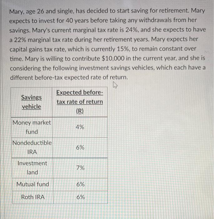 her savings. Mary's current marginal tax rate is 24%, and she expects