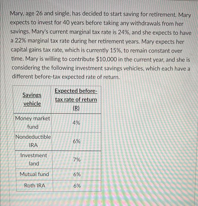 Mary, age 26 and single, has decided to start saving for retirement.