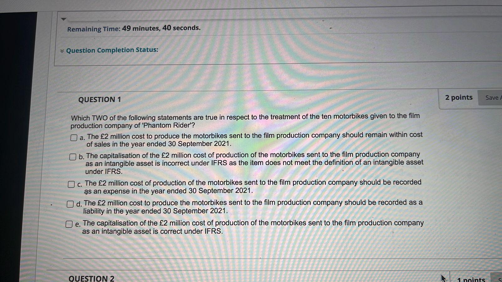 Remaining Time: 49 minutes, 40 seconds. Question Completion Status: QUESTION 1 Which
