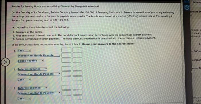 Entries for Issuing Bonds and Amortizing Discount by Straight-Line Method My cou