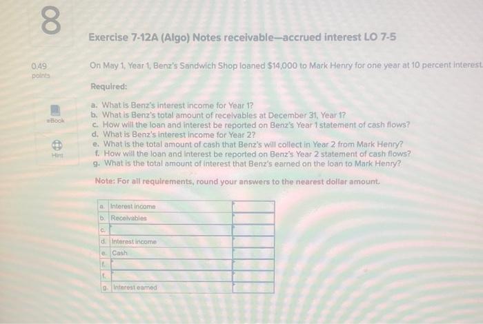 8 00 0.49 points Exercise 7-12A (Algo) Notes receivable-accrued interest LO 7-5