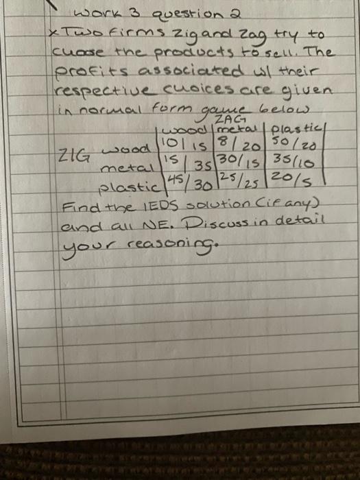 work 3 question 2 x Two firms Zig and Zag try to