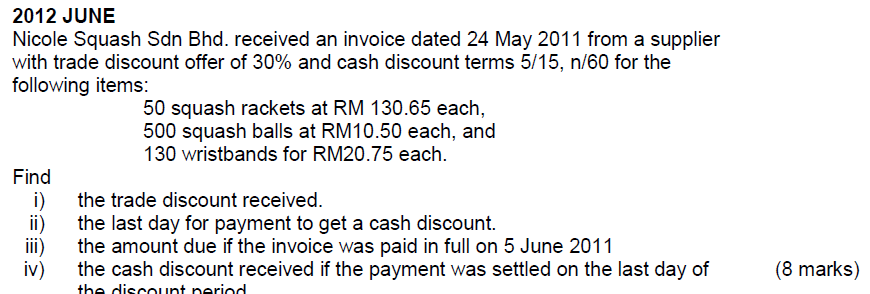 2012 JUNE Nicole Squash Sdn Bhd. received an invoice dated 24 May