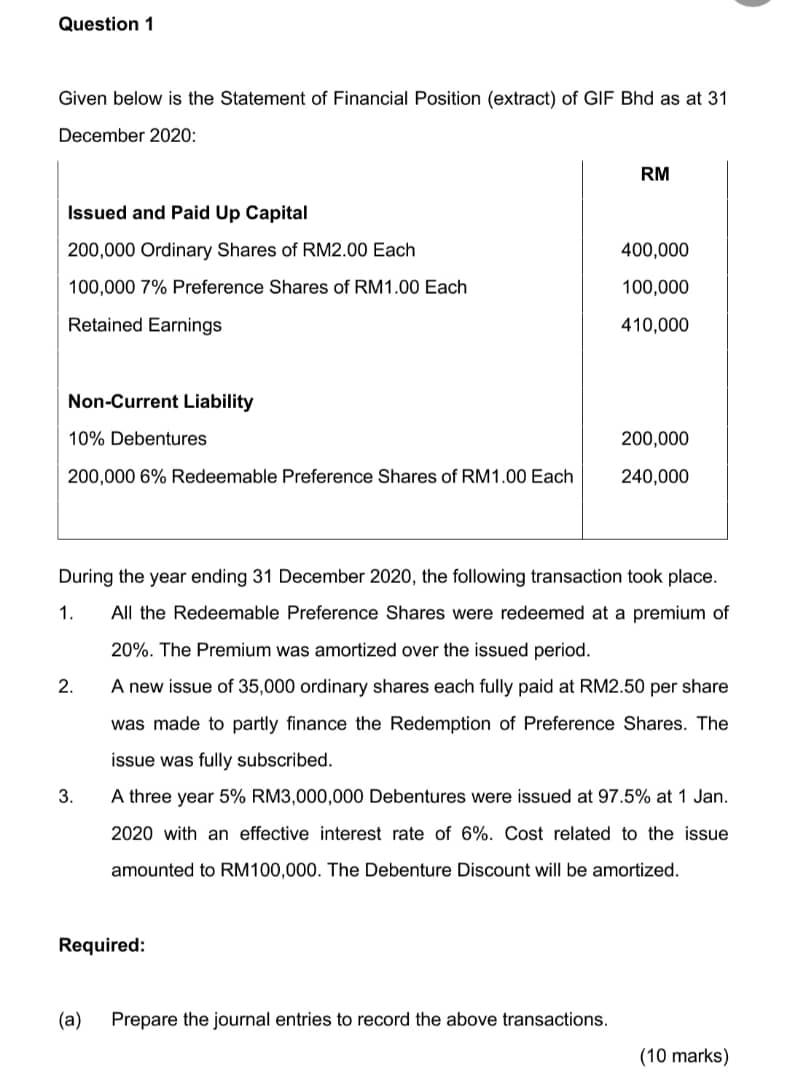 Question 1 Given below is the Statement of Financial Position (extract) of