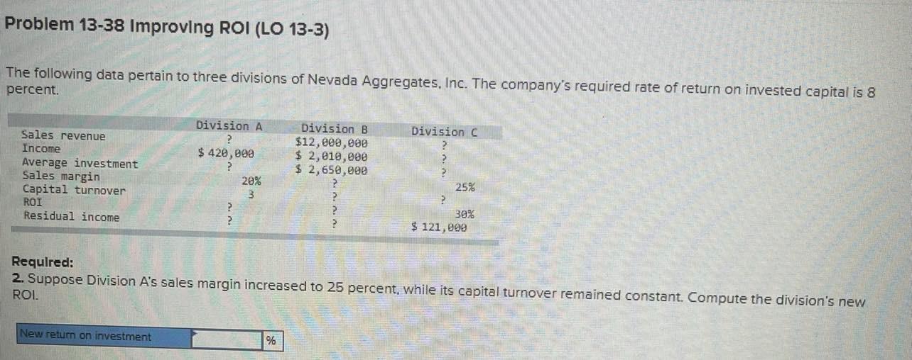 Problem 13-38 Improving ROI (LO 13-3) The following data pertain to three