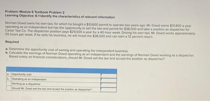 Problem: Module 6 Textbook Problem 2 Learning Objective: 6-1 Identify the characteristics