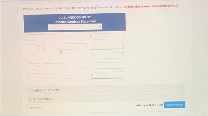 Prepare a retained earnings statement for the year ending December 31, 2022.
