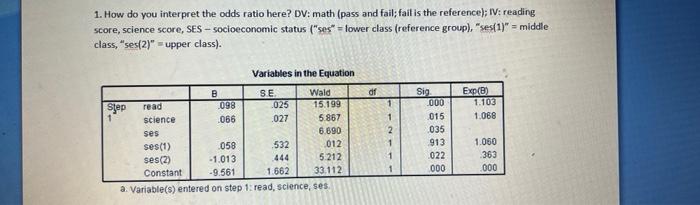 1. How do you interpret the odds ratio here? DV: math (pass