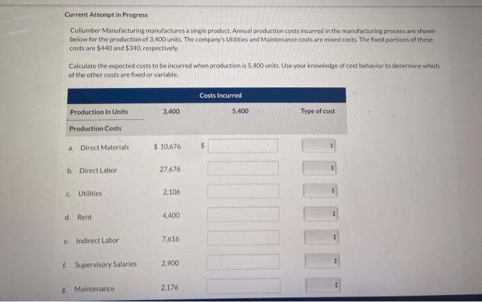 Current Attempt in Progress Cullumber Manufacturing manufactures a single product. Annual production