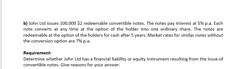 b) John Ltd issues 100,000 $2 redeemable convertible notes. The notes pay