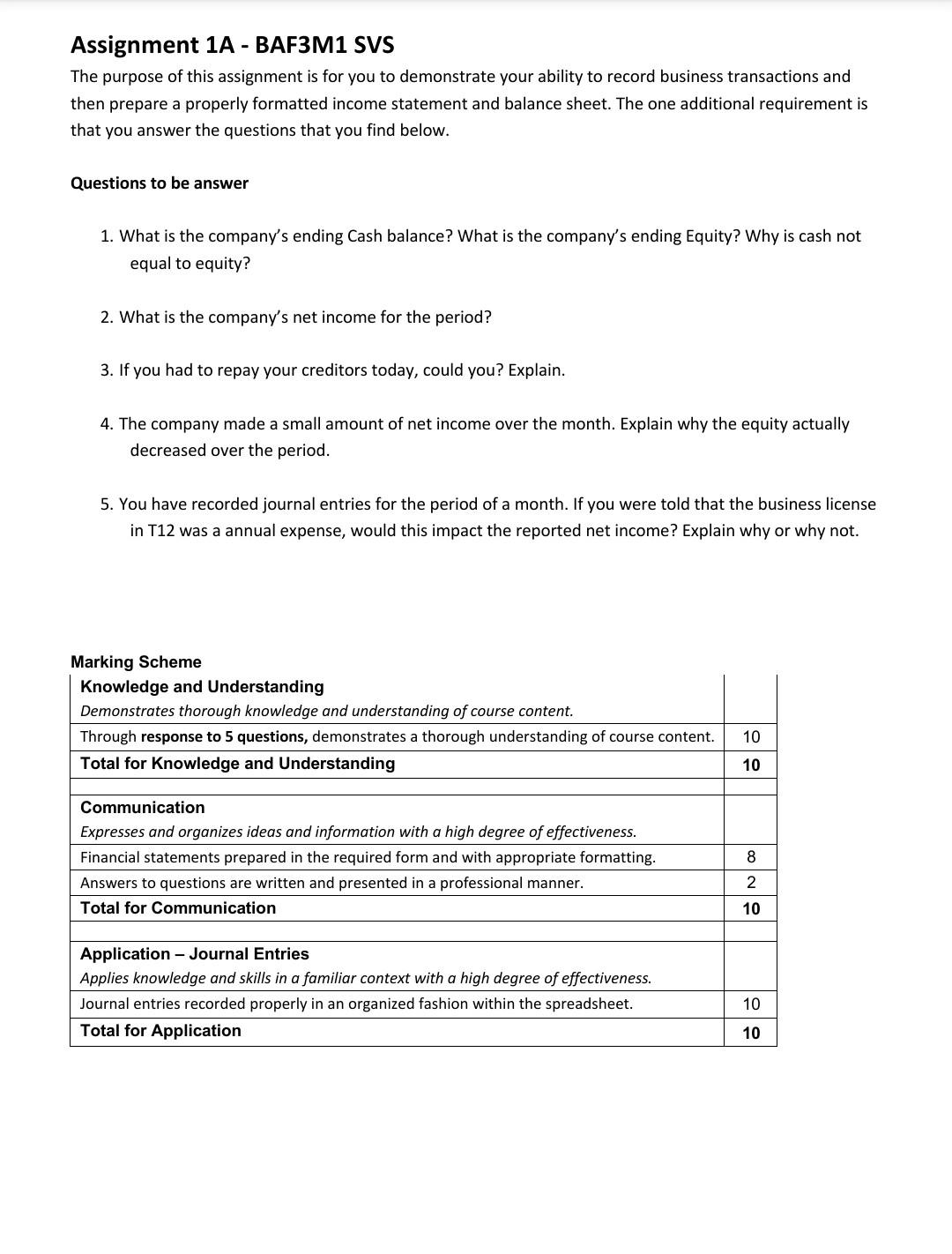 Assignment 1A - BAF3M1 SVS The purpose of this assignment is for