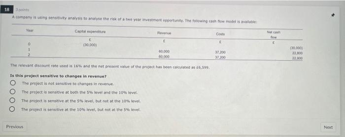 18 3 points A company is using sensitivity analysis to analyse the