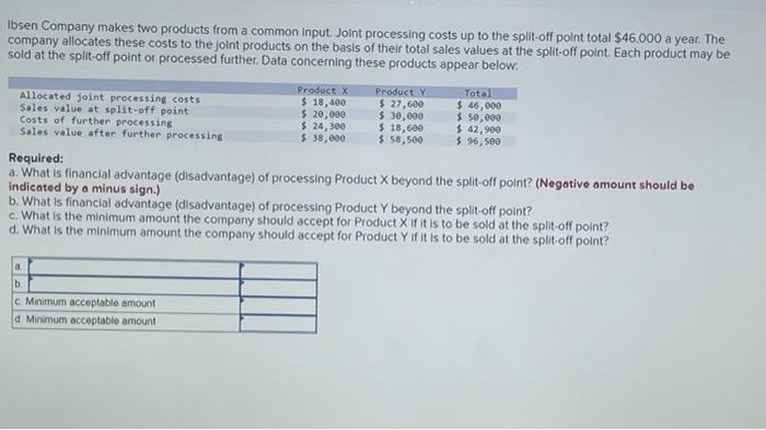 Ibsen Company makes two products from a common input. Joint processing costs