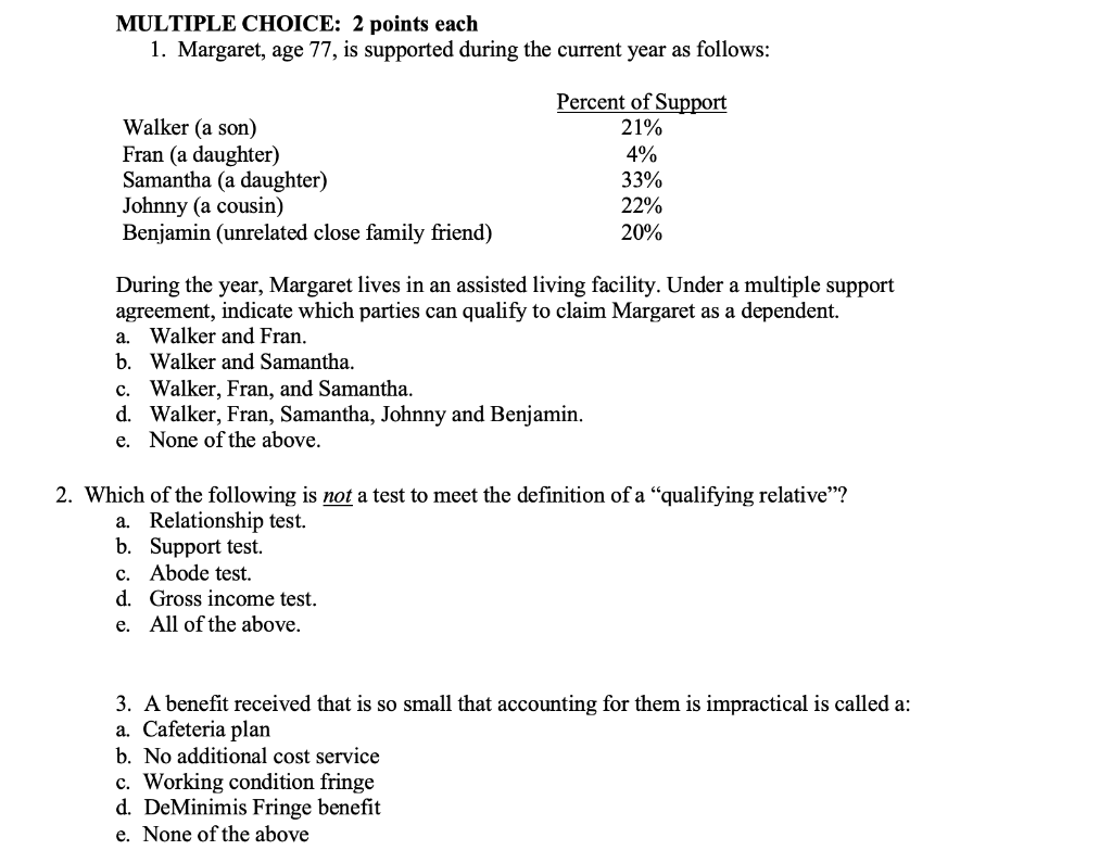 MULTIPLE CHOICE: 2 points each 1. Margaret, age 77, is supported during