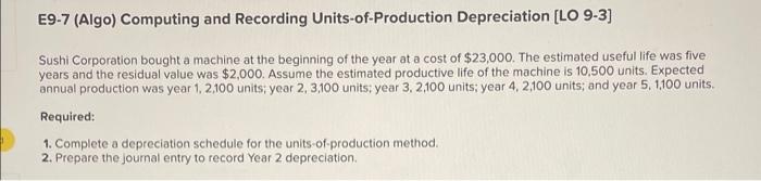 E9-7 (Algo) Computing and Recording Units-of-Production Depreciation [LO 9-3] Sushi Corporation bought