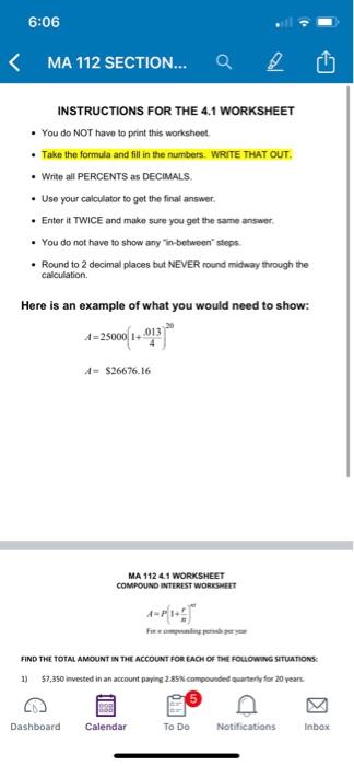 6:06 < MA 112 SECTION... INSTRUCTIONS FOR THE 4.1 WORKSHEET You do