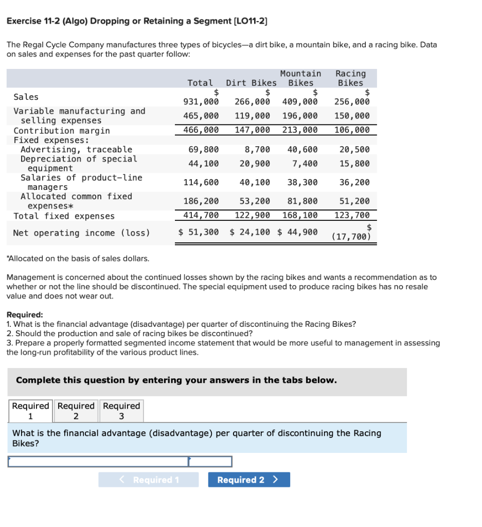 Exercise 11-2 (Algo) Dropping or Retaining a Segment [LO11-2] The Regal Cycle