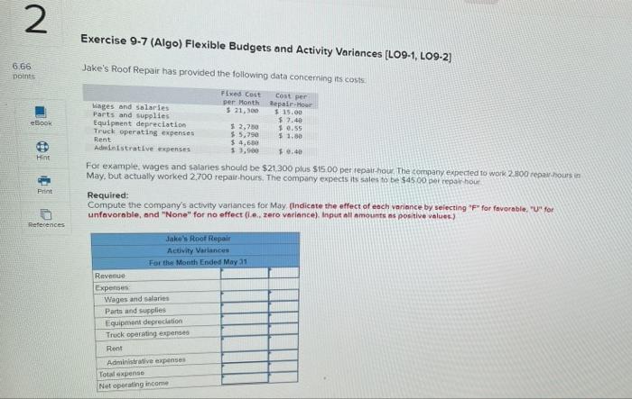 2 6.66 points eBook Hint Print References Exercise 9-7 (Algo) Flexible Budgets
