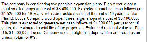 The company is considering two possible expansion plans. Plan A would open