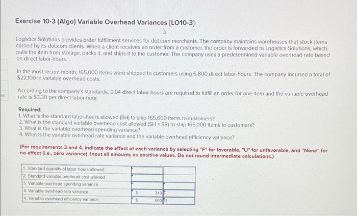 es Exercise 10-3 (Algo) Variable Overhead Variances [LO10-3] 4 Logistics Solutions provides