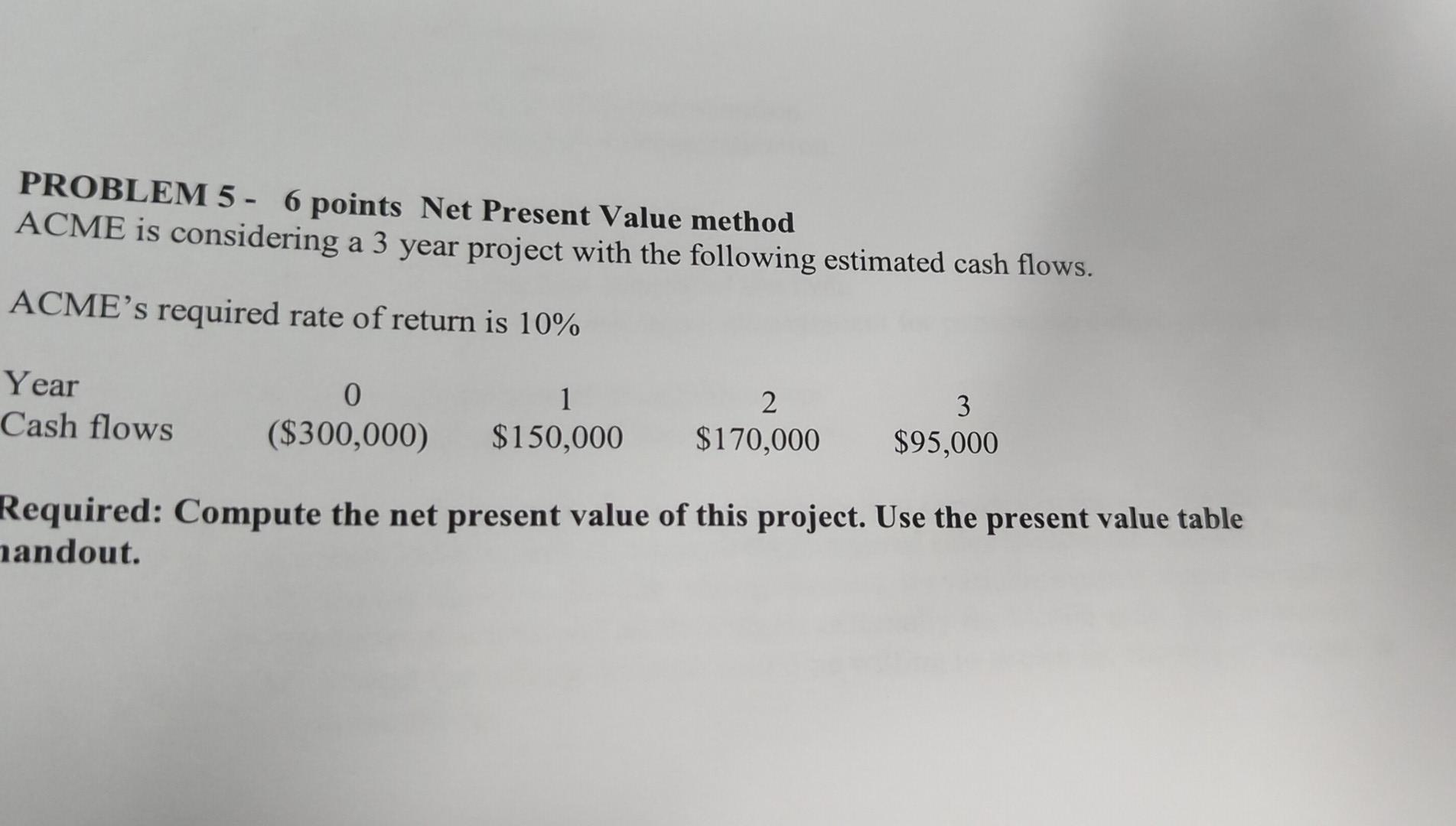 PROBLEM 5 - 6 points Net Present Value method ACME is considering