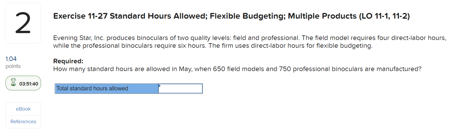 1.04 2 points 03:51:40 Exercise 11-27 Standard Hours Allowed; Flexible Budgeting; Multiple
