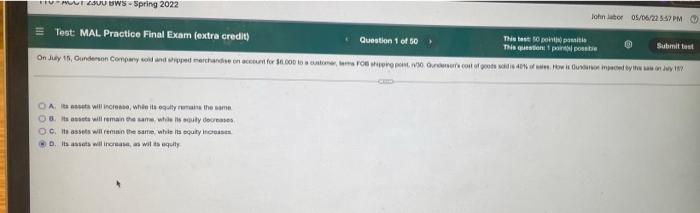 +10+MT 2300 BWS-Spring 2022 Test: MAL Practice Final Exam (extra credit) Question