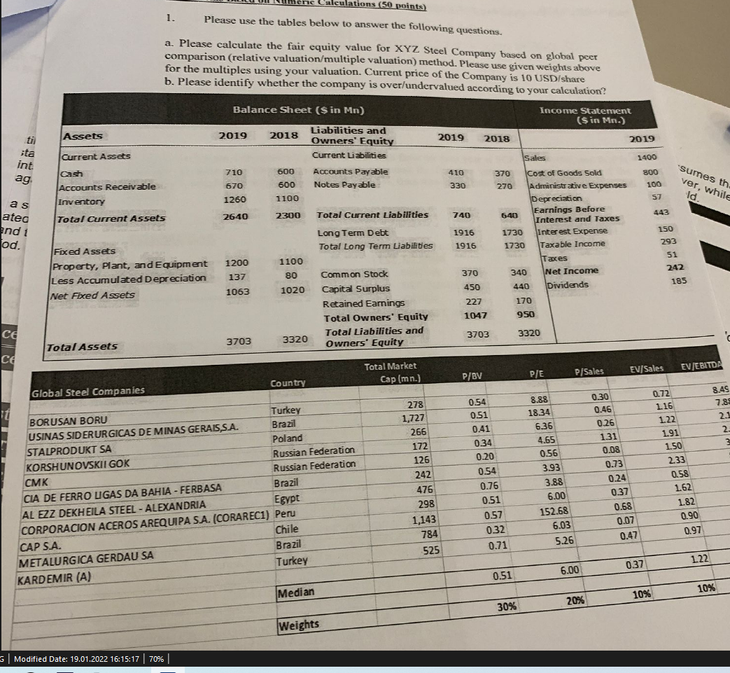 1. eric Calculations (50 points) Please use the tables below to answer