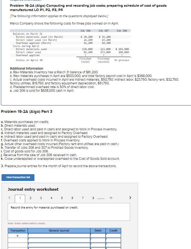Problem 19-2A (Algo) Computing and recording job costs; preparing schedule of cost
