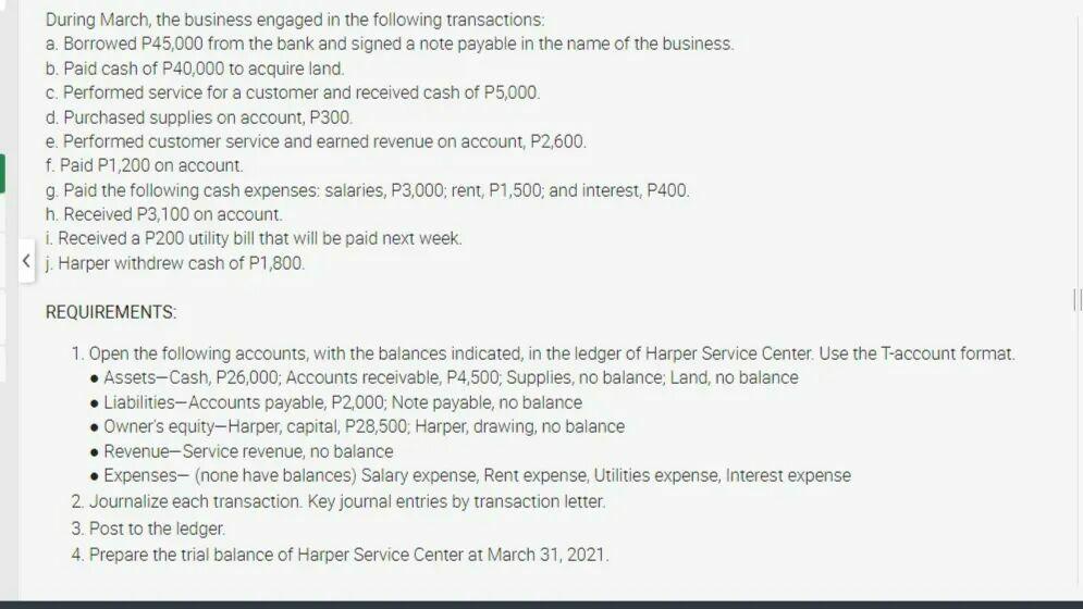 Harper Service Center on March 1, 2021, lists the entity's assets, liabilities,