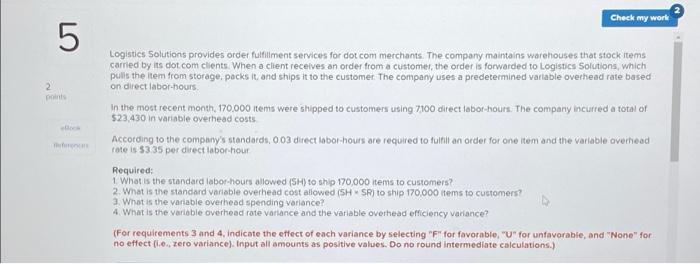 Check my work LO 5 2 points Logistics Solutions provides order fulfillment