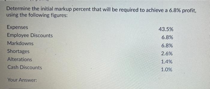 Determine the initial markup percent that will be required to achieve a