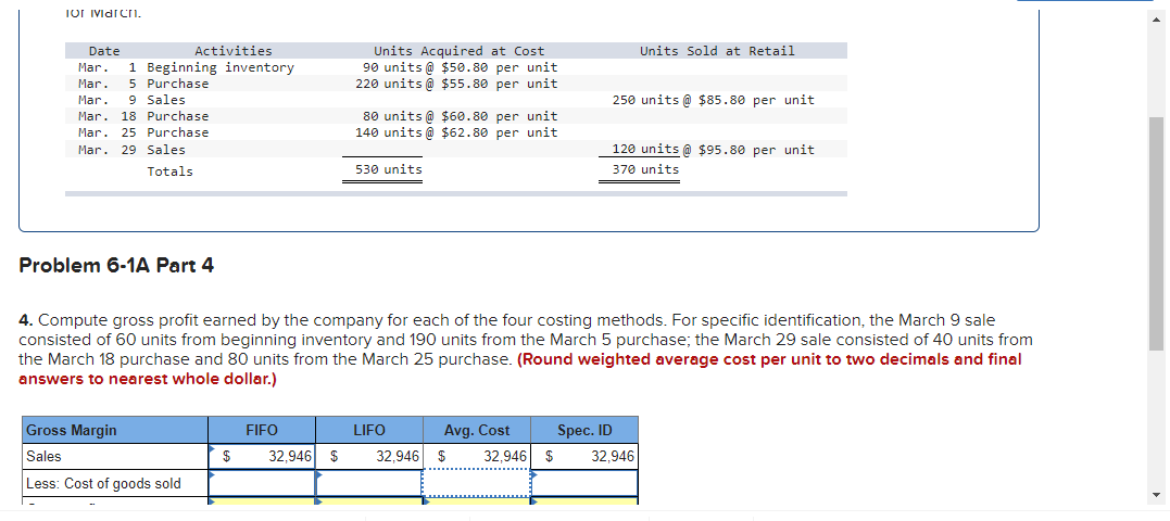 company for each of the four costing methods. For specific identification, the