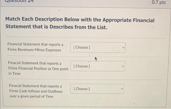 0.7 pts Match Each Description Below with the Appropriate Financial Statement that