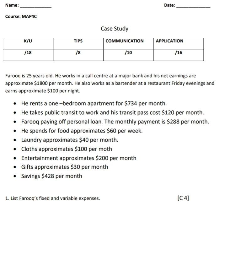 Name: Course: MAP4C K/U TIPS /18 /8 Case Study Date: COMMUNICATION APPLICATION