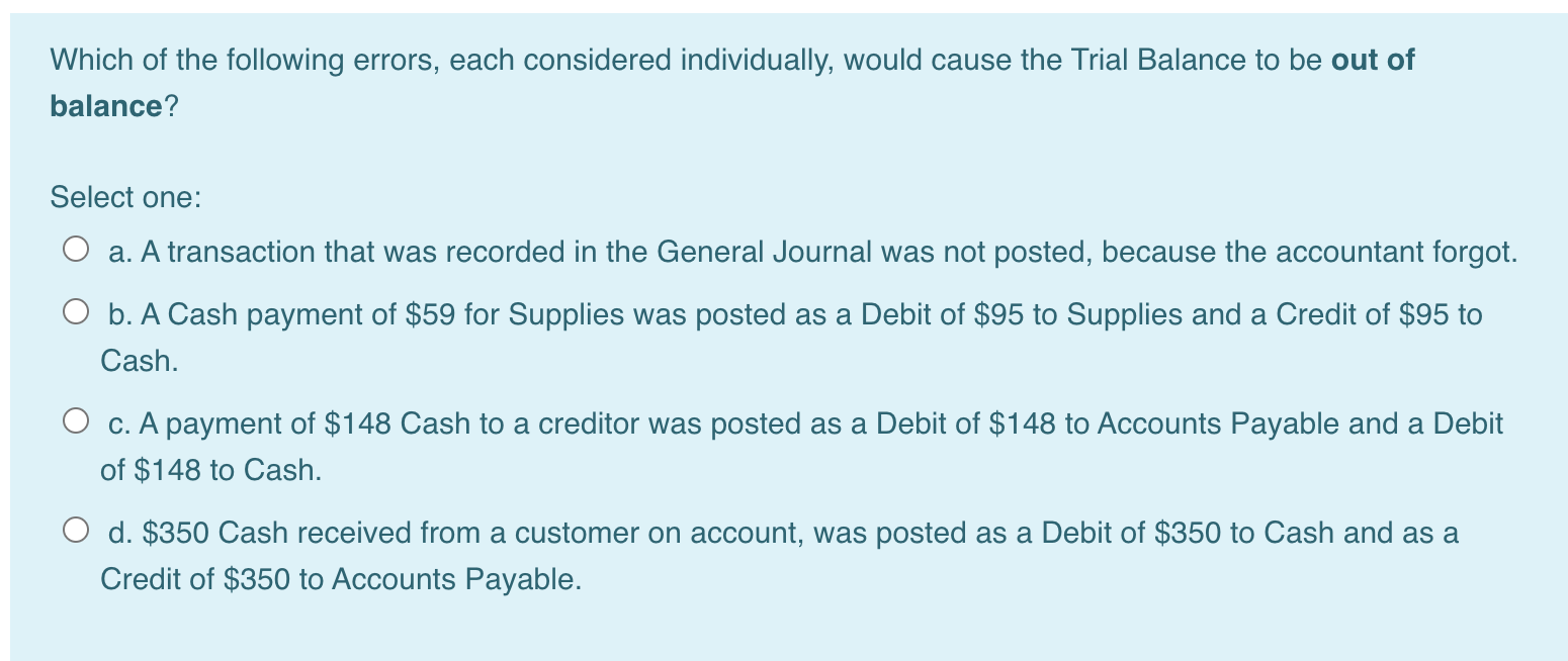 Which of the following errors, each considered individually, would cause the Trial