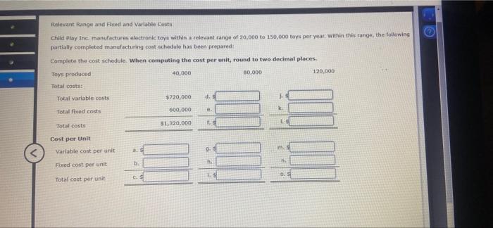 Relevant Range and Fixed and Variable Costs Child Play Inc. manufactures electronic