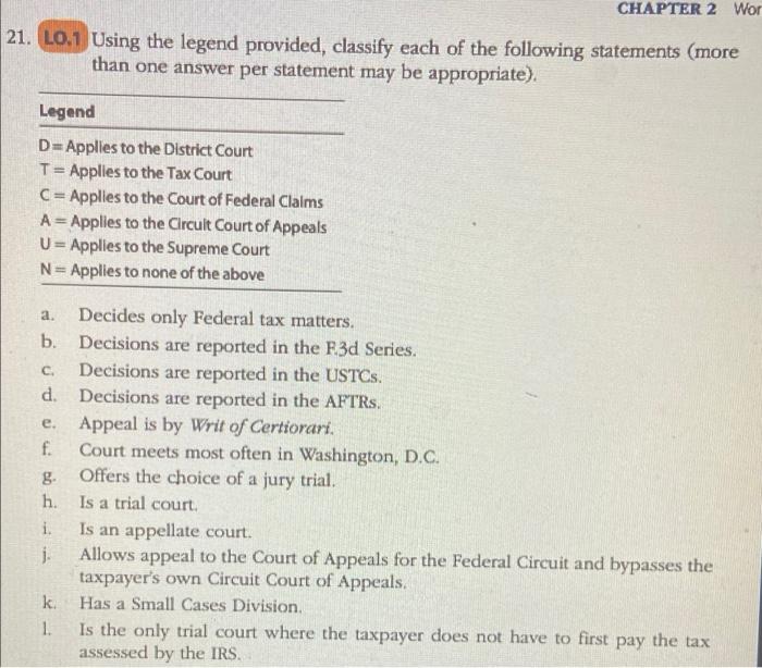 CHAPTER 2 Wor 21. LO.1 Using the legend provided, classify each of