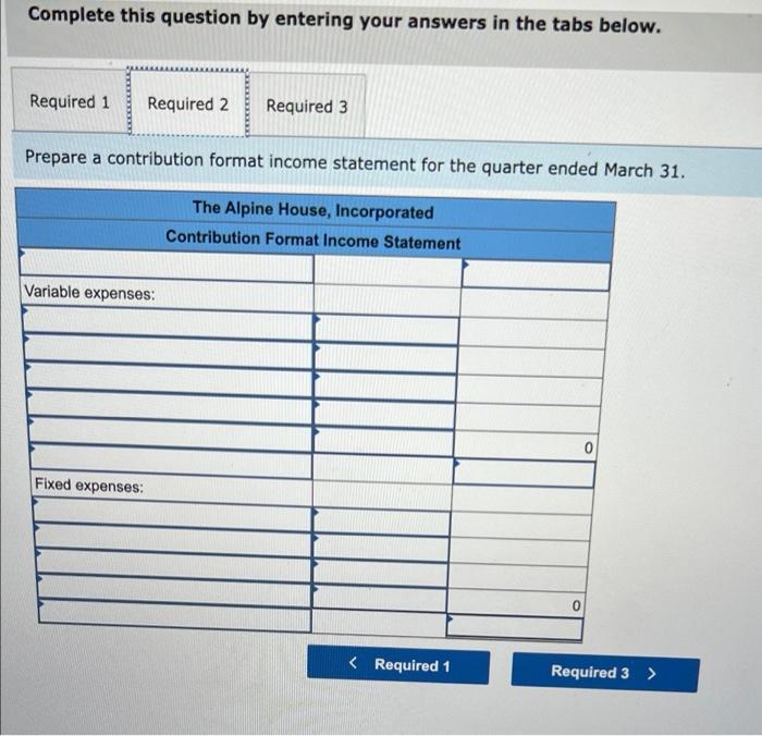 company assembled the information shown below for the quarter ended March 31: