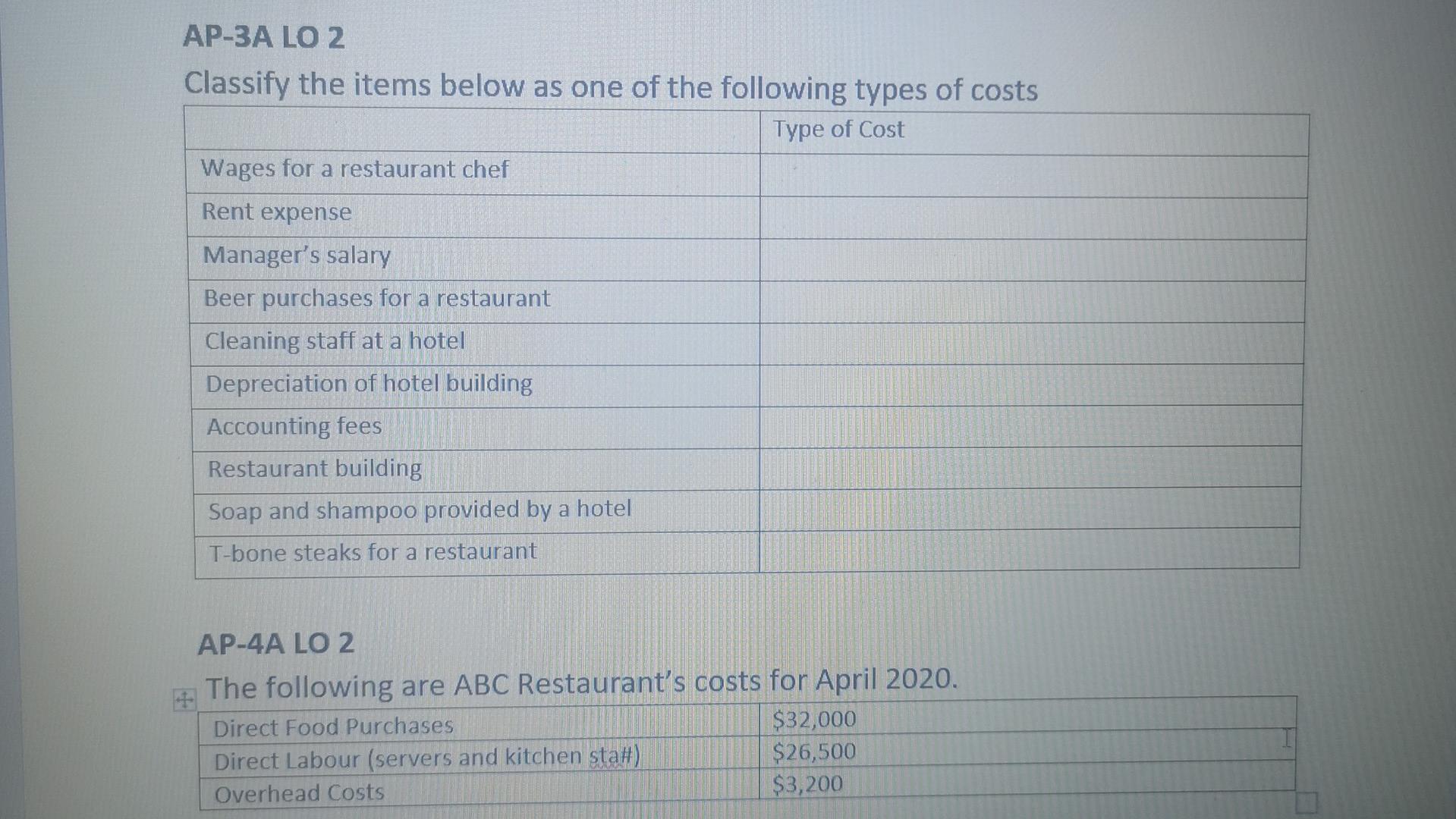 AP-3A LO 2 Classify the items below as one of the following