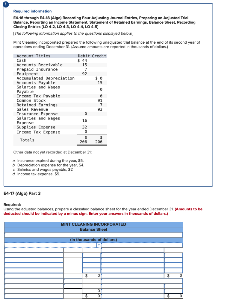! Required information E4-16 through E4-18 (Algo) Recording Four Adjusting Journal Entries,