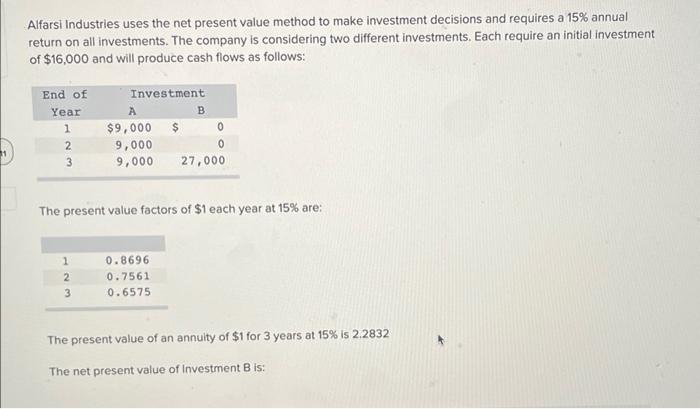 Alfarsi Industries uses the net present value method to make investment decisions