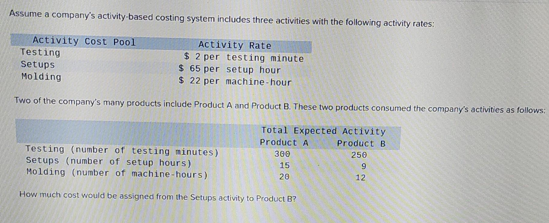 Assume a company's activity-based costing system includes three activities with the following
