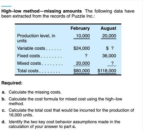 High-low method-missing amounts The following data have been extracted from the records