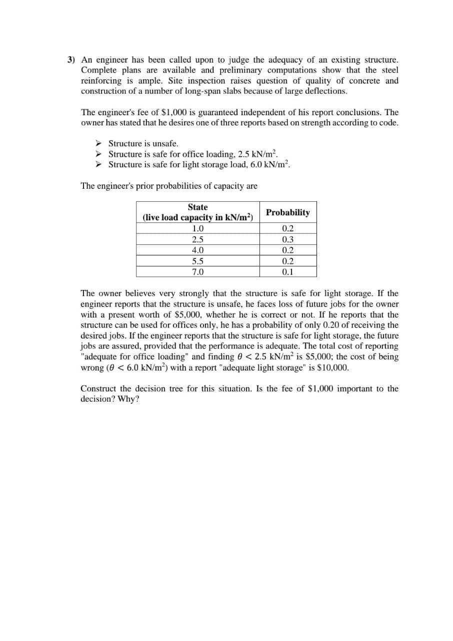 3) An engineer has been called upon to judge the adequacy of