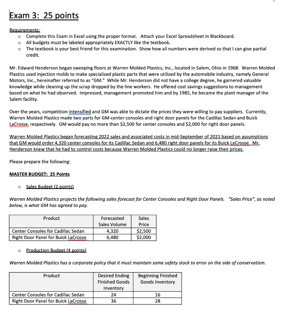 Exam 3: 25 points Requirements: Complete this Exam in Excel using the