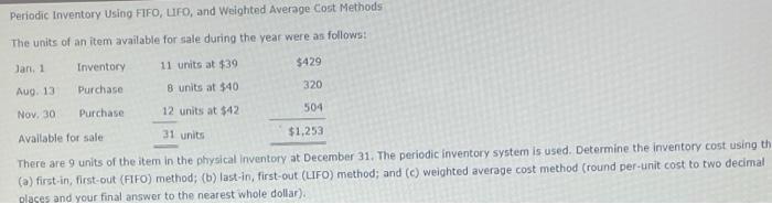 Periodic Inventory Using FIFO, LIFO, and Weighted Average Cost Methods The units