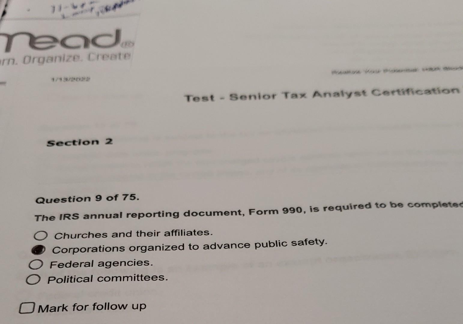 11- Tead arn. Organize. Create 1/19/2022 Section 2 Test - Senior Tax