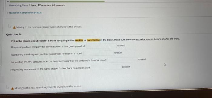 Remaining Time: 1 hour, 12 minutes, 46 seconds. Question Completion Status: Moving