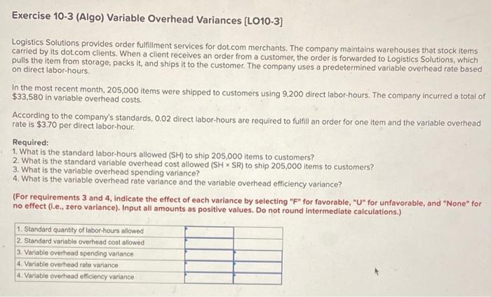 Exercise 10-3 (Algo) Variable Overhead Variances [LO10-3] Logistics Solutions provides order fulfillment
